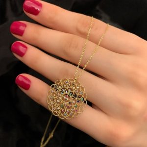 女士金項鍊，生命之花項鍊，14k 金吊墜，鋯石多石粉紅色紅寶石綠松石女士項鍊，金項鍊禮物